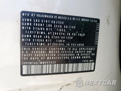 Zdjęcie 12 z 12 samochodu: 2021 VOLKSWAGEN TIGUAN SE VIN:3VV3B7AX1MM043424 - miniatura