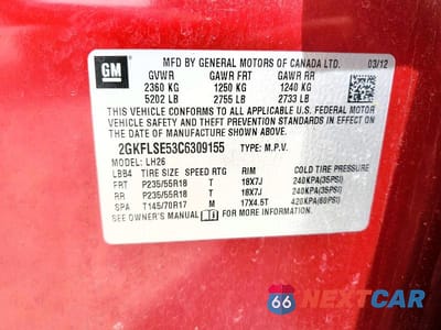 Zdjęcie 13 z 13 samochodu: 2012 GMC TERRAIN SLE VIN:2GKFLSE53C6309155 - miniatura