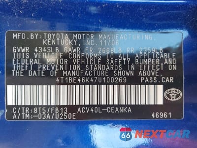 Zdjęcie 12 z 12 samochodu: 2007 TOYOTA CAMRY LE VIN:4T1BE46K47U100269 - miniatura