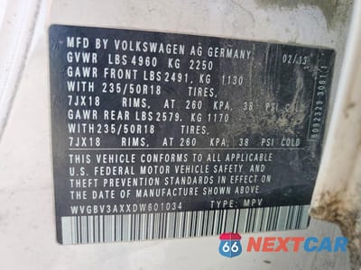 Zdjęcie 13 z 13 samochodu: 2013 VOLKSWAGEN TIGUAN S VIN:WVGBV3AXXDW601034 - miniatura