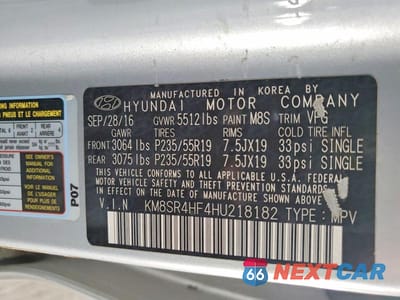 Zdjęcie 13 z 13 samochodu: 2017 HYUNDAI SANTA FE LIMITED ULTIMATE VIN:KM8SR4HF4HU218182 - miniatura