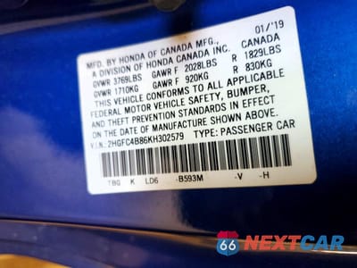 Zdjęcie 12 z 12 samochodu: 2019 HONDA CIVIC SPORT VIN:2HGFC4B86KH302579 - miniatura