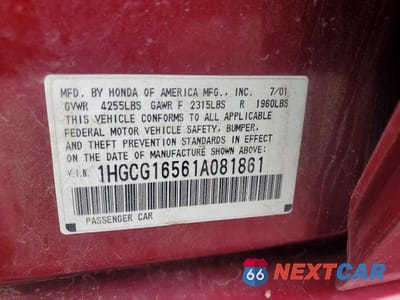 Zdjęcie 12 z 12 samochodu: 2001 HONDA ACCORD EX VIN:1HGCG16561A081861 - miniatura