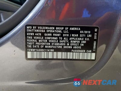 Zdjęcie 12 z 12 samochodu: 2013 VOLKSWAGEN PASSAT SE VIN:1VWBP7A30DC114166 - miniatura