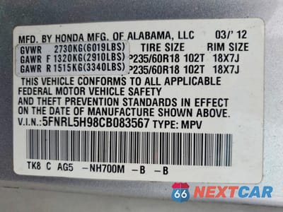 Zdjęcie 14 z 14 samochodu: 2012 HONDA ODYSSEY TOURING VIN:5FNRL5H98CB083567 - miniatura