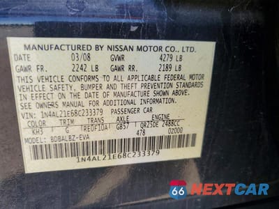 Zdjęcie 12 z 12 samochodu: 2008 NISSAN ALTIMA 2.5 VIN:1N4AL21E68C233379 - miniatura