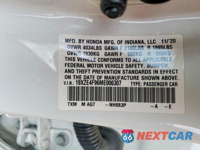 Zdjęcie 12 z 12 samochodu: 2021 HONDA INSIGHT TOURING VIN:19XZE4F96ME006307 - miniatura
