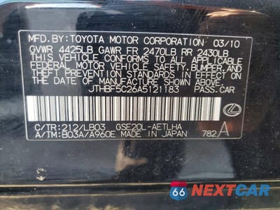 Zdjęcie 12 z 12 samochodu: 2010 LEXUS IS 250 VIN:JTHBF5C26A5121183 - miniatura