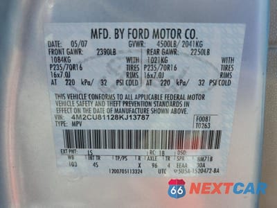 Zdjęcie 13 z 13 samochodu: 2008 MERCURY MARINER VIN:4M2CU81128KJ13787 - miniatura