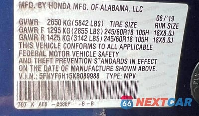 Zdjęcie 10 z 10 samochodu: 2019 HONDA PILOT LX VIN:5FNYF6H15KB089988 - miniatura