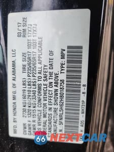Zdjęcie 13 z 13 samochodu: 2017 HONDA ODYSSEY EXL VIN:5FNRL5H62HB018758 - miniatura
