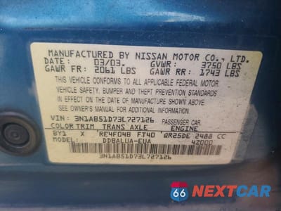 Zdjęcie 13 z 13 samochodu: 2003 NISSAN SENTRA SE-R SPEC V VIN:3N1AB51D73L727126 - miniatura