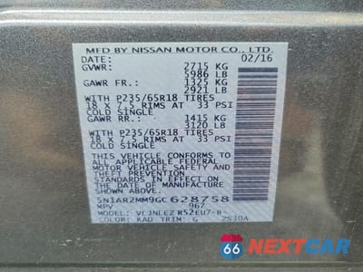 Zdjęcie 13 z 13 samochodu: 2016 NISSAN PATHFINDER SV VIN:5N1AR2MM9GC628758 - miniatura
