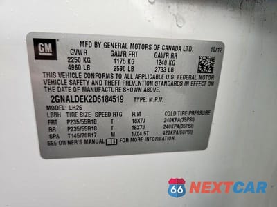 Zdjęcie 12 z 12 samochodu: 2013 CHEVROLET EQUINOX LT VIN:2GNALDEK2D6184519 - miniatura