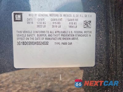 Zdjęcie 12 z 12 samochodu: 2017 CHEVROLET CRUZE LT VIN:3G1BD6SM3HS524532 - miniatura
