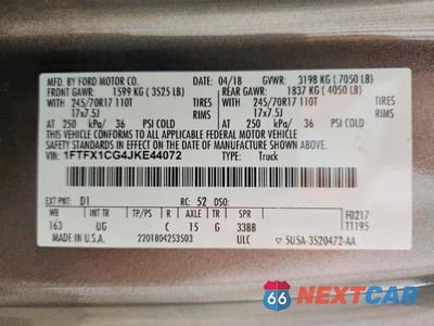 Zdjęcie 12 z 12 samochodu: 2018 FORD F150 SUPER CAB VIN:1FTFX1CG4JKE44072 - miniatura