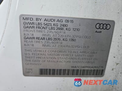 Zdjęcie 12 z 12 samochodu: 2016 AUDI Q5 PREMIUM VIN:WA1C2AFP0GA055225 - miniatura