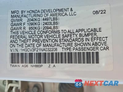 Zdjęcie 13 z 13 samochodu: 2022 HONDA ACCORD HYBRID SPORT VIN:1HGCV3F21NA032208 - miniatura