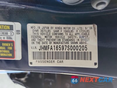 Zdjęcie 12 z 12 samochodu: 2007 HONDA CIVIC LX VIN:JHMFA16597S000205 - miniatura
