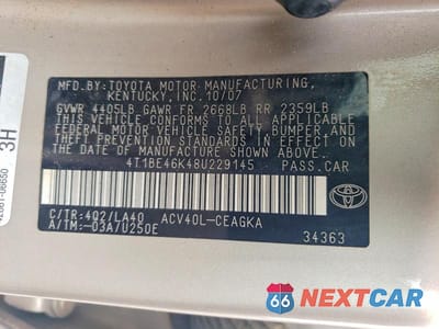 Zdjęcie 12 z 12 samochodu: 2008 TOYOTA CAMRY XLE VIN:4T1BE46K48U229145 - miniatura
