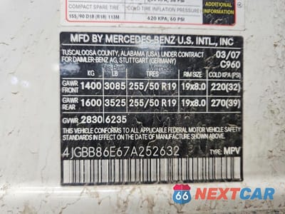 Zdjęcie 13 z 13 samochodu: 2007 MERCEDES-BENZ ML 350 VIN:4JGBB86E67A252632 - miniatura