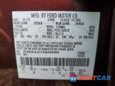 Zdjęcie 12 z 12 samochodu: 2010 FORD EDGE SEL VIN:2FMDK4JC7ABA96569 - miniatura
