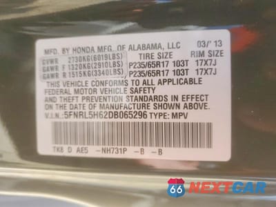 Zdjęcie 13 z 13 samochodu: 2013 HONDA ODYSSEY EXL VIN:5FNRL5H62DB065296 - miniatura
