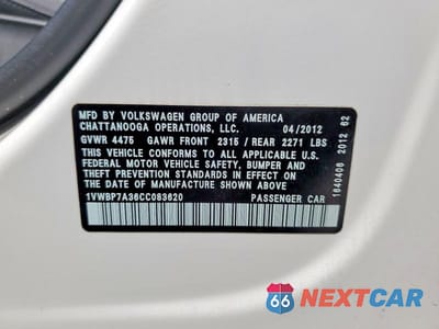 Zdjęcie 13 z 13 samochodu: 2012 VOLKSWAGEN PASSAT SE VIN:1VWBP7A36CC083620 - miniatura