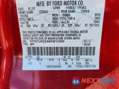 Zdjęcie 13 z 13 samochodu: 2008 FORD ESCAPE XLS VIN:1FMCU02Z48KB13300 - miniatura