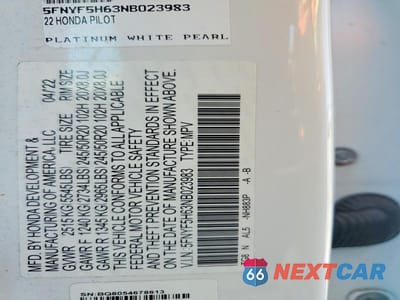Zdjęcie 14 z 14 samochodu: 2022 HONDA PILOT TOURING VIN:5FNYF5H63NB023983 - miniatura