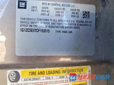 Zdjęcie 12 z 12 samochodu: 2012 CHEVROLET MALIBU 1LT VIN:1G1ZC5E07CF163615 - miniatura