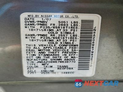 Zdjęcie 13 z 13 samochodu: 2007 NISSAN MURANO S VIN:JN8AZ08W67W638770 - miniatura