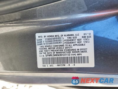 Zdjęcie 13 z 13 samochodu: 2012 HONDA ODYSSEY EXL VIN:5FNRL5H65CB131113 - miniatura