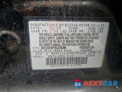 Zdjęcie 12 z 12 samochodu: 2019 NISSAN VERSA SV VIN:3N1CN7AP7KL876396 - miniatura