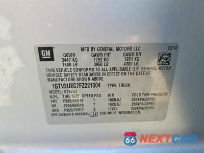 Zdjęcie 12 z 12 samochodu: 2015 GMC SIERRA K1500 SLE VIN:1GTV2UEC7FZ221304 - miniatura