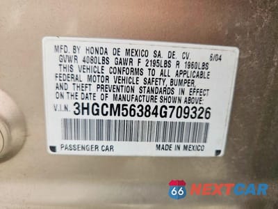 Zdjęcie 12 z 12 samochodu: 2004 HONDA ACCORD LX VIN:3HGCM56384G709326 - miniatura