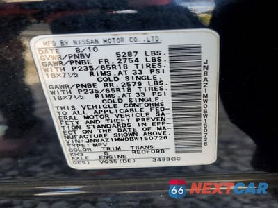 Zdjęcie 12 z 12 samochodu: 2011 NISSAN MURANO S VIN:JN8AZ1MW0BW150726 - miniatura
