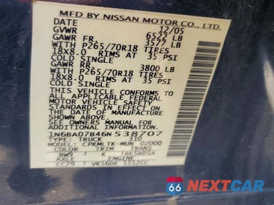 Zdjęcie 12 z 12 samochodu: 2006 NISSAN TITAN XE FFV VIN:1N6BA07B46N538707 - miniatura