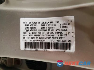 Zdjęcie 13 z 13 samochodu: 2015 HONDA ACCORD EX VIN:1HGCR2F7XFA092693 - miniatura