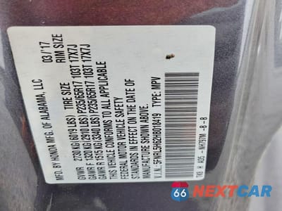 Zdjęcie 13 z 13 samochodu: 2017 HONDA ODYSSEY EXL VIN:5FNRL5H62HB018419 - miniatura