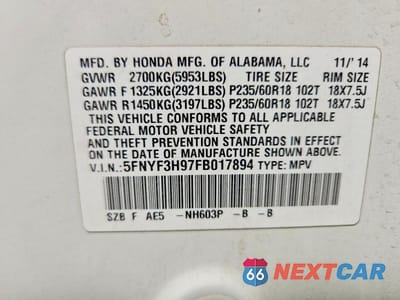 Zdjęcie 13 z 13 samochodu: 2015 HONDA PILOT TOURING VIN:5FNYF3H97FB017894 - miniatura