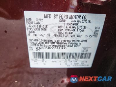 Zdjęcie 13 z 13 samochodu: 2012 FORD EDGE SEL VIN:2FMDK3J90CBA91733 - miniatura