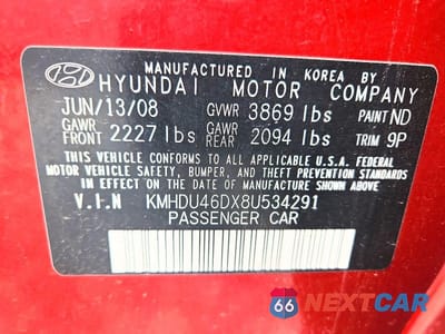 Zdjęcie 13 z 13 samochodu: 2008 HYUNDAI ELANTRA GLS VIN:KMHDU46DX8U534291 - miniatura
