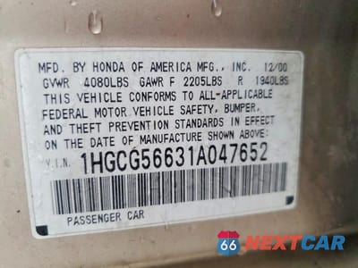 Zdjęcie 12 z 12 samochodu: 2001 HONDA ACCORD EX VIN:1HGCG56631A047652 - miniatura