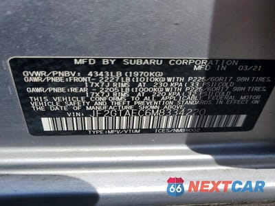 Zdjęcie 13 z 13 samochodu: 2021 SUBARU CROSSTREK PREMIUM VIN:JF2GTAEC6M8334220 - miniatura