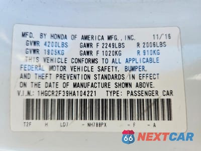 Zdjęcie 12 z 12 samochodu: 2017 HONDA ACCORD LX VIN:1HGCR2F39HA104221 - miniatura