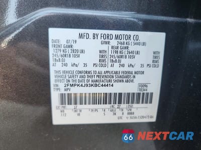 Zdjęcie 12 z 12 samochodu: 2019 FORD EDGE SEL VIN:2FMPK4J93KBC44414 - miniatura