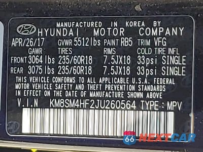 Zdjęcie 13 z 13 samochodu: 2018 HYUNDAI SANTA FE SE VIN:KM8SM4HF2JU260564 - miniatura