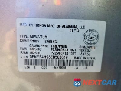 Zdjęcie 13 z 13 samochodu: 2014 HONDA PILOT TOURING VIN:5FNYF4H98EB503649 - miniatura