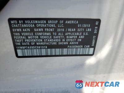Zdjęcie 12 z 12 samochodu: 2013 VOLKSWAGEN PASSAT SE VIN:1VWBP7A33DC091319 - miniatura